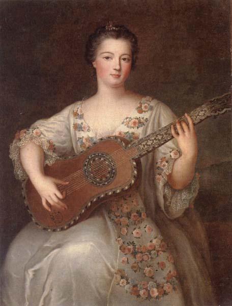 unknow artist Portrait of a young lady,three-quarter length,wearing a floral and ivory lace-trimmed dress,playing the guitar Germany oil painting art